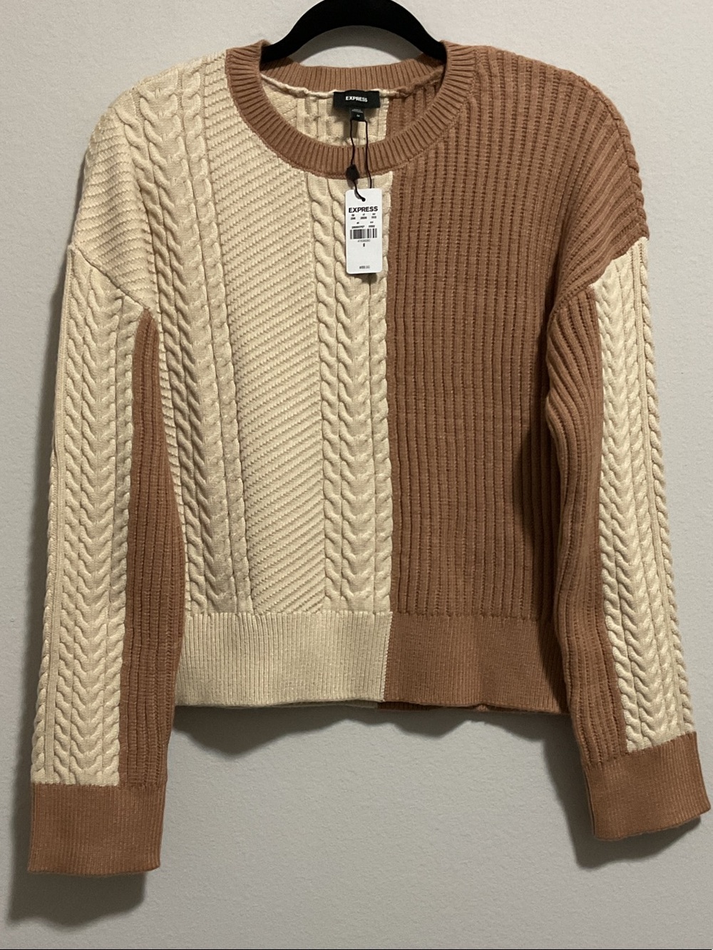 Express Colorblock Cable & Rib Crewneck Sweater - Cream & Brown
